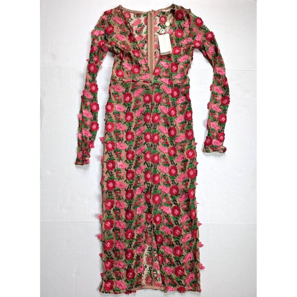 For Love & Lemons Amelia Dress Womens Medium NWT Textured Midi Rosebud Floral